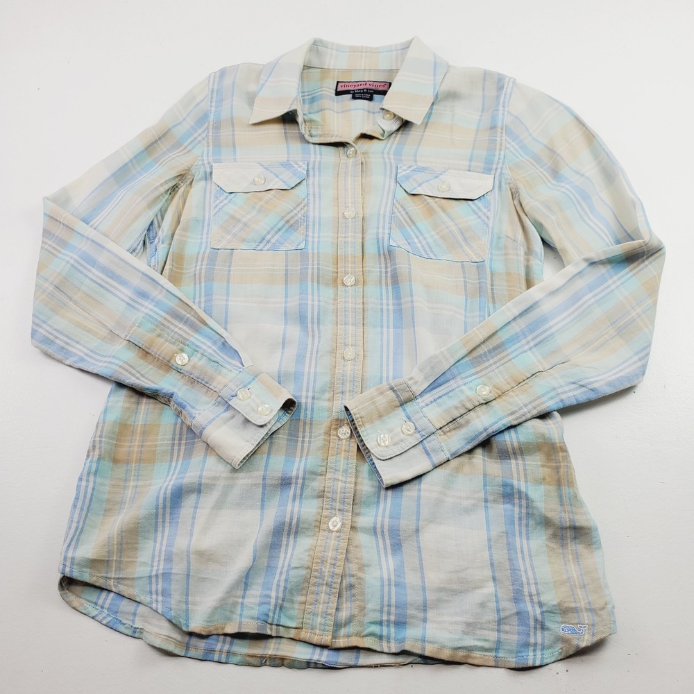 Womens vineyard vines Plaid Dress Shirt 2 Blue Khaki Button Cotton Blouse Preppy